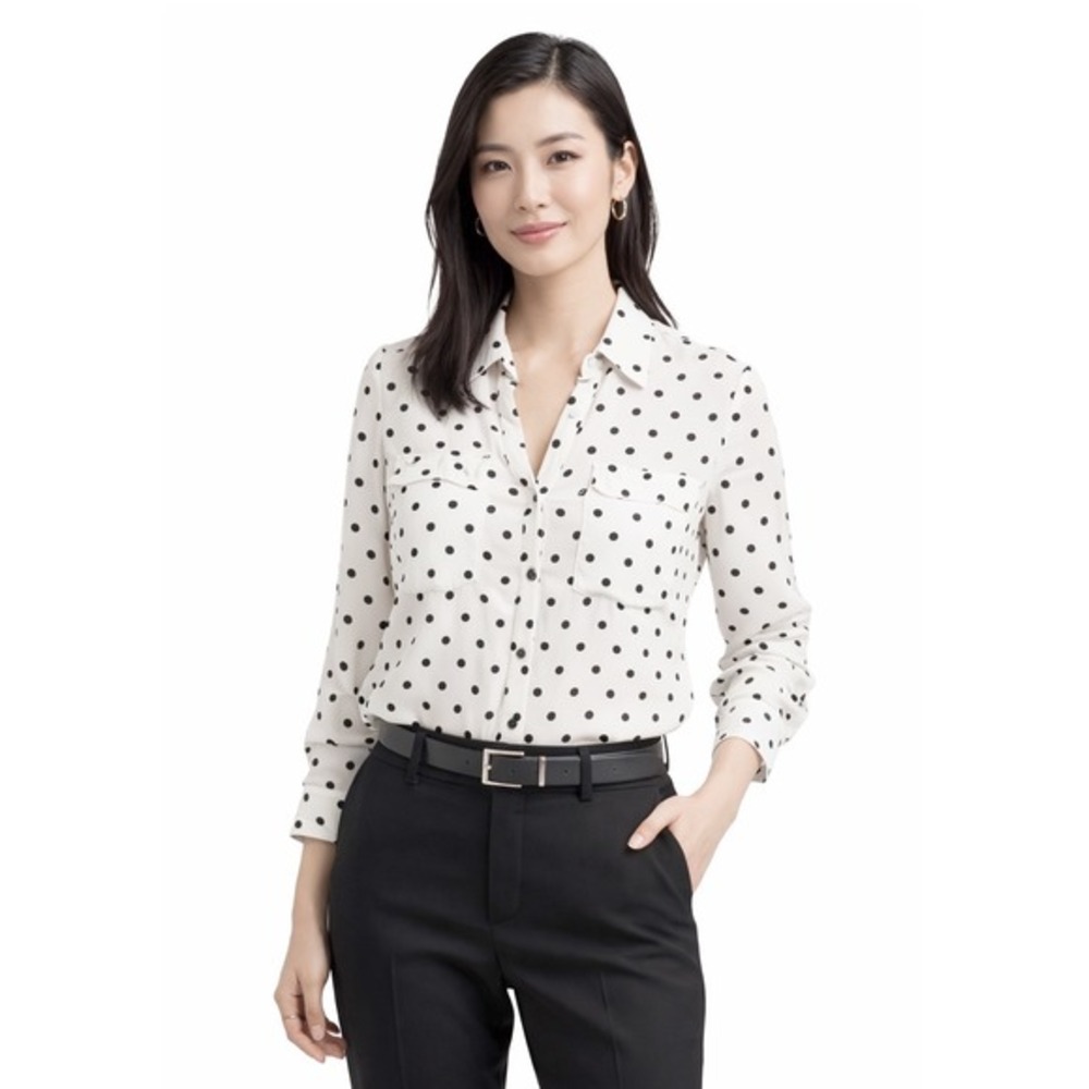 Express The Portofino Shirt White Black Polka Dot Long Sleeve‎ Blouse S 55-30